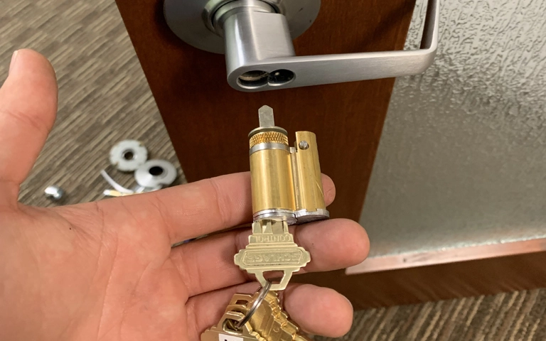 High-security anti-snap lock being fitted to a door