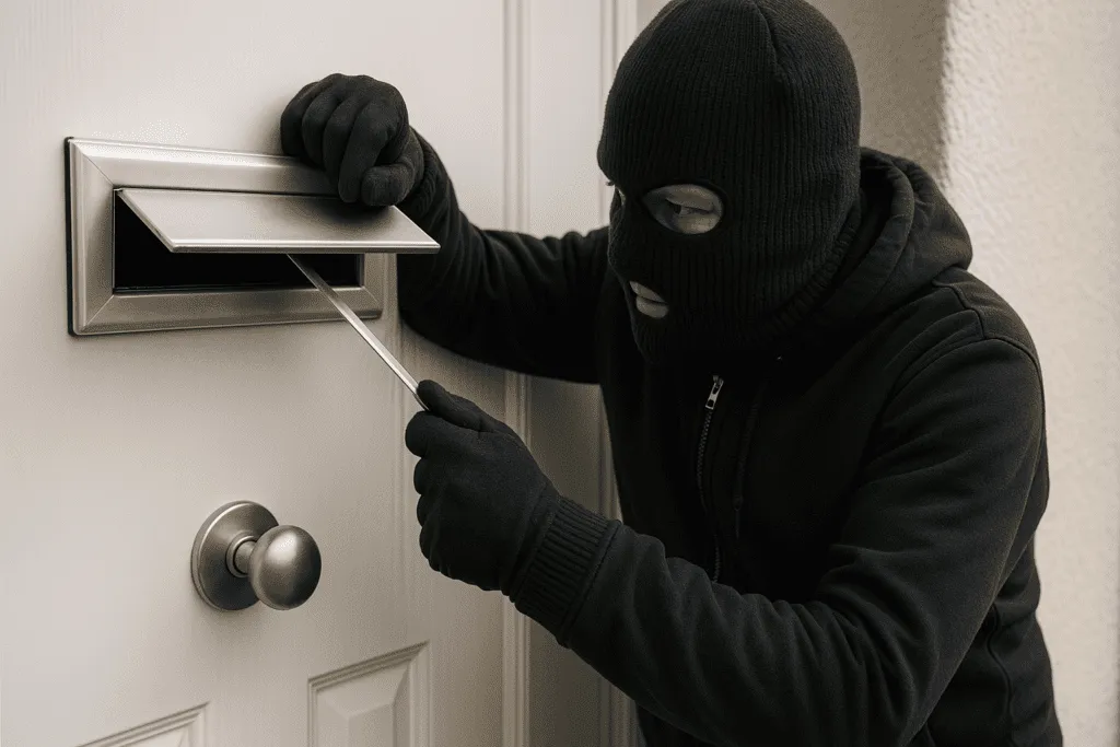 Locksmith replacing damaged lock and reinforcing door after a burglary